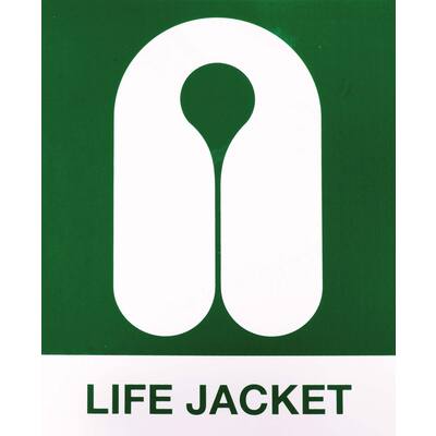 STICKER REDDINGSVEST MET TEKST LIFEJACKET (ENGELS) 4,5 X 4,5 CM