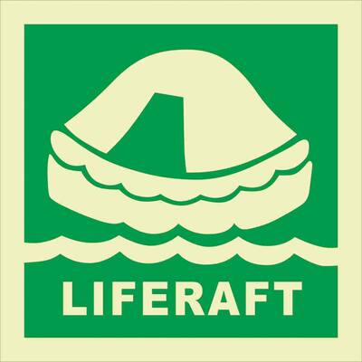 STICKER LIFERAFT WITH TEXT 15 X 15 CM LUMINESCENT