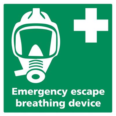 STICKER ESCAPE MASK WITH TEXT EMERGENCY ESCAPE BREATHING DEVICE 15 X 15 CM