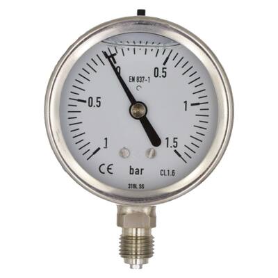 BUISVEERMANOMETER RVS, KAST Ø 63 MM, GEVULD, ONDERAANSLUITING
