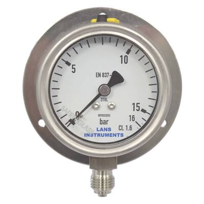 BUISVEERMANOMETER RVS, KAST Ø 63 MM, DROOG, ONDERAANSLUITING MET ACHTERFLENS