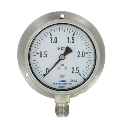 BUISVEERMANOMETER RVS, KAST Ø 100 MM, GEVULD, ONDERAANSLUITING MET ACHTERFLENS